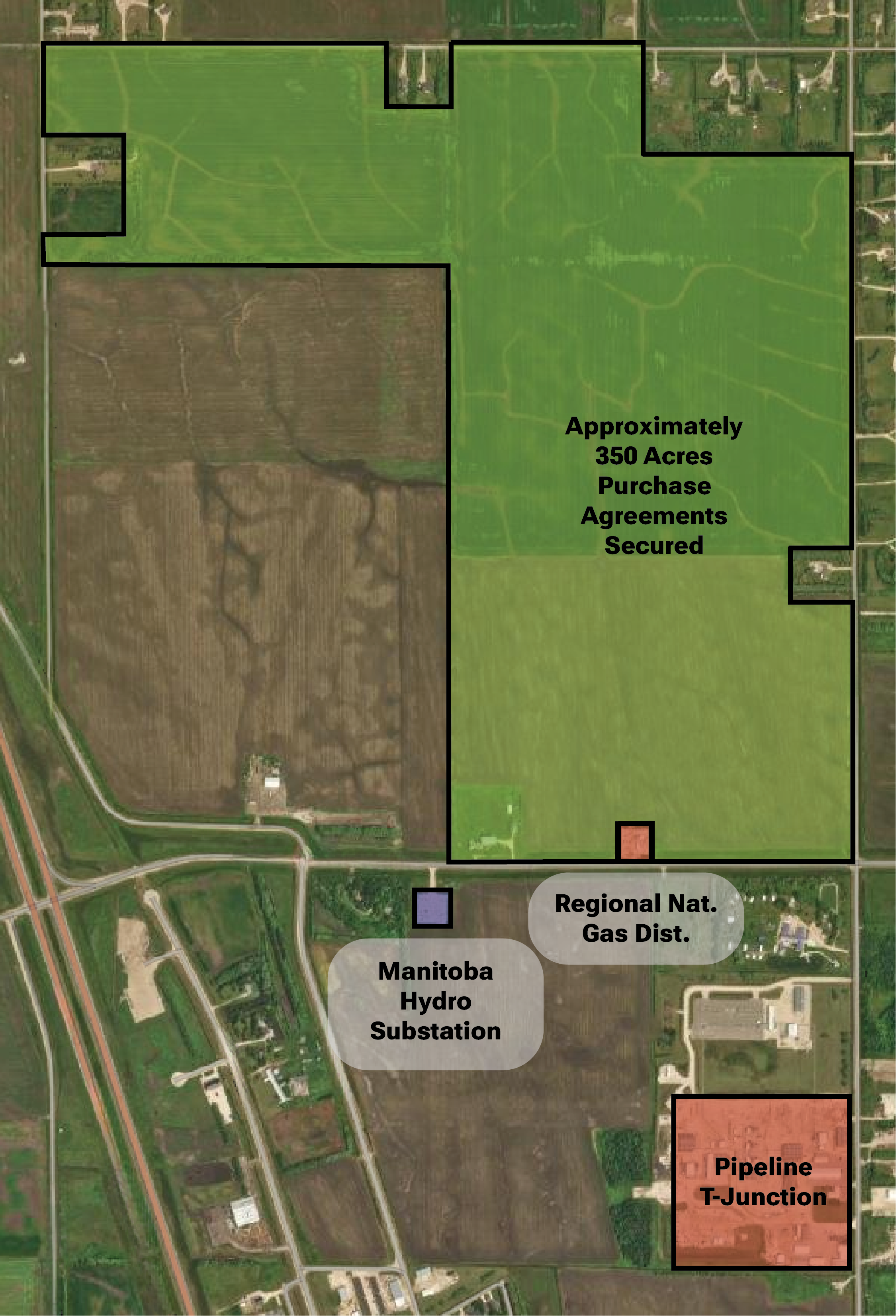 Manitoba site layout showing approximately 350 acres with purchase agreements secured